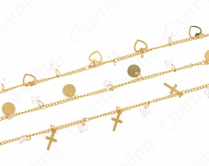 Disc Chain, 18K Gold Filled Blank Chain, Micropavé Cubic Zirconia Gemstone Chain, Cross Chain, Heart Chain, DIY Bracelet Necklace Supplies,