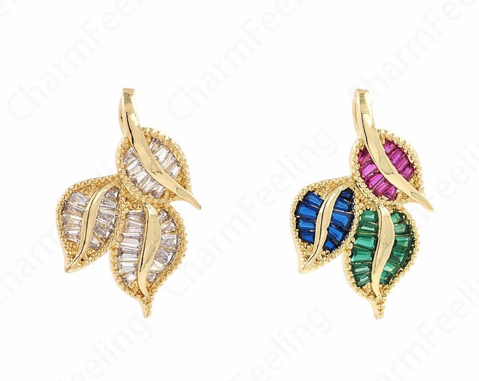 Leaf Pendant, Micropavé CZ Plant Charm, 18K Gold Filled Plant Necklace, Leaf Charm, DIY Jewelry Supplies, 28.5x18x5mm