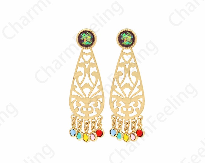 Filigree Earrings, Bohemian Earrings, 18K Gold Filled Triangle Earrings, Micropavé CZ Dainty Earrings, DIY Jewelry Supplies, 43x13mm