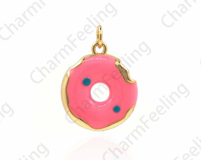 18K Gold Filled Enamel Donut Necklace, Dessert Charm, Enamel Charm, Donut Pendant, DIY Jewelry Accessories 18.5x13.5x2.5mm
