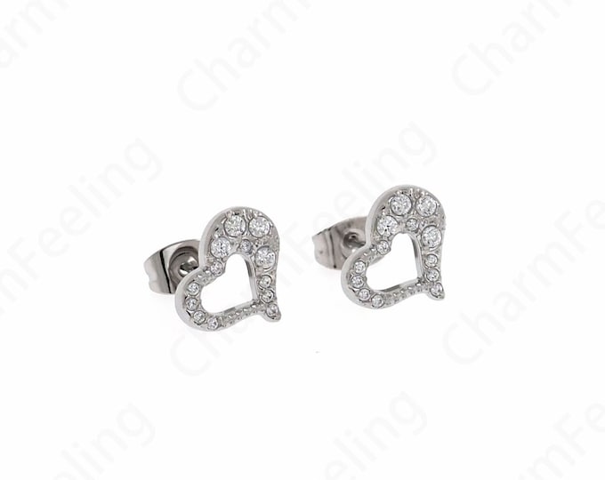 Heart Earrings, Micro pavé CZ Simple Earrings, Silver Filled Love Earrings, Stainless Steel Earrings,Gift for Her,11x9x1.5mm