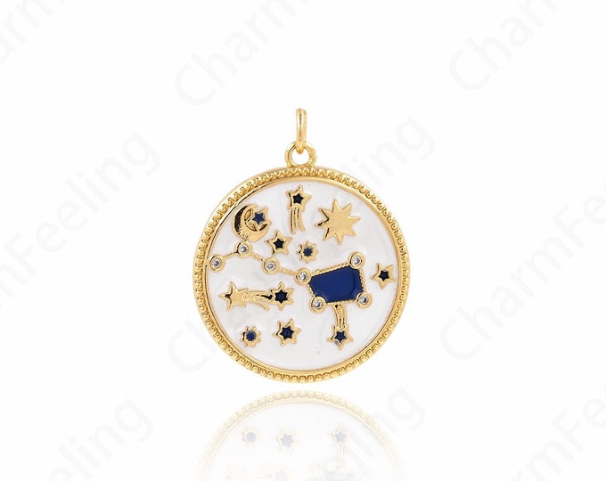 Enamel Necklace, 18K Gold Filled Round Pendant,Star Pendant,Zodiac Charm,Galaxy Pendant, Star Charm, 29x24x3mm
