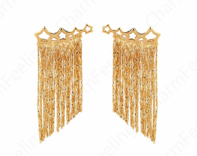 Boho Earrings, 18K Gold Filled Chain Earrings, Micropavé CZ Fringe Earrings, Tassel Earrings,Bar Earrings,Drop Earrings,24.5x49x3mm