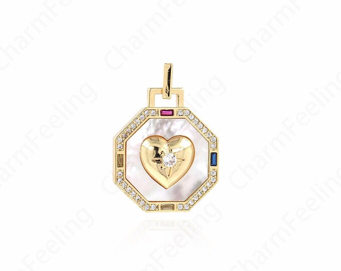 18K Gold Filled Round Pendant, Micropavé CZ Heart Necklace,Heart Charm, Pearl Love Pendant, Love Necklace, DIY Jewelry Supplies,27x23x6.5mm