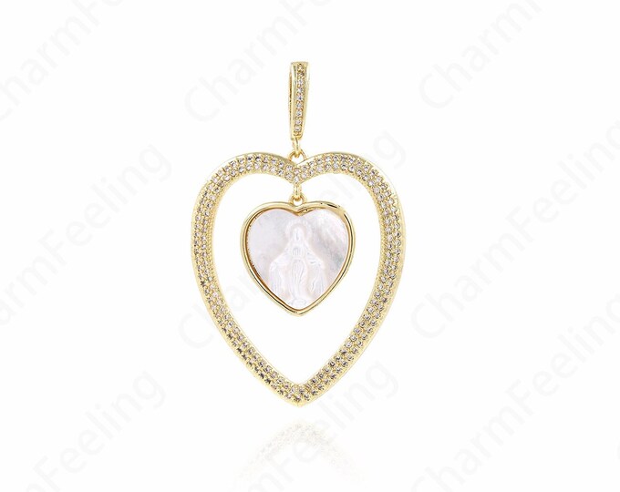 Micropavé CZ Catholic Necklace, Virgin Mary Charm, 18K Gold Filled Heart-shaped Maria Necklace, DIY Jewelry Accessories, 49x31.5x4mm