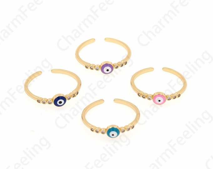 Thin Ring, Micropavé CZ Eye Ring, 18K Gold Filled Enamel Ring, Gold Open Ring, Adjustable Ring, Enamel Jewelry, Eye Charm