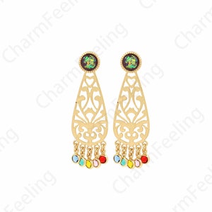 Filigree Earrings, Bohemian Earrings, 18K Gold Filled Triangle Earrings, Micropavé CZ Dainty Earrings, DIY Jewelry Supplies, 43x13mm