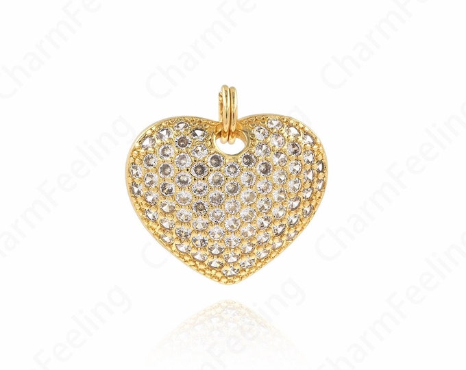 Heart Pendant, 18K Gold Filled Heart Necklace, Micropavé CZ Love Charm, Love Necklace, DIY Jewelry Supplies, 29.2x30x7.2mm