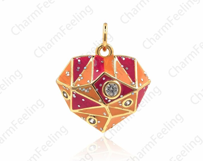 18K Gold Filled Love Pendant, Heart-Shaped Necklace, Enamel Heart-Shaped Charm, Micro-Pavé CZ Heart-Shaped Sieve Necklace, 20x17x5mm