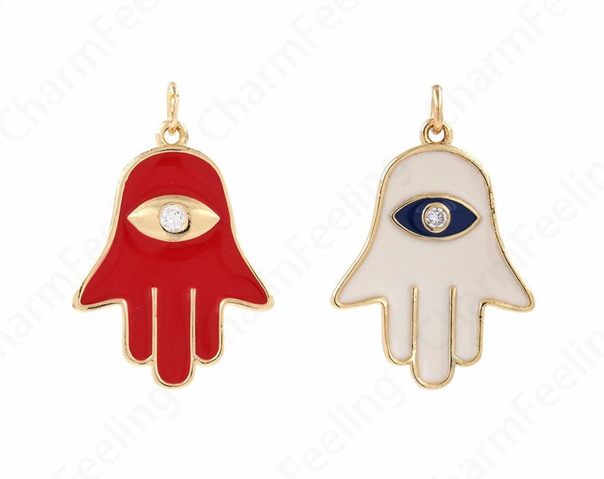 Palm Charm, Micropavé Palm Eye Gold Pendant,Enamel Eye Necklace,Eye Charm, Lucky Eye Pendant, DIY Jewelry Accessories, 27.5x18.5x2.5mm