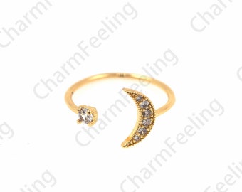 18K Gold Filled Moon Ring, Adjustable Crescent Ring, Micropavé CZ Star Ring, Stackable Ring, Golden Open Ring, Moon Charm, CZ Moon Ring