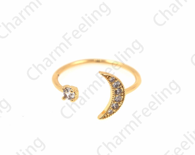 18K Gold Filled Moon Ring, Adjustable Crescent Ring, Micropavé CZ Star Ring, Stackable Ring, Golden Open Ring, Moon Charm, CZ Moon Ring