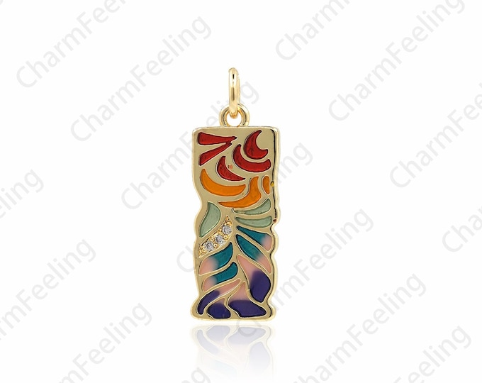 18K Gold Filled Rectangular Pendant, Micropavé CZ Rectangular Necklace, Enamel Charm, DIY Jewelry Accessories, 26x9x1.7mm