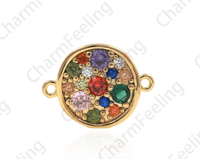18K Gold Filled Enamel Circular Connector, Micropave Cubic Zirconia Bracelet Accessory, Disc Garden Connector, 13x17x2.2mm
