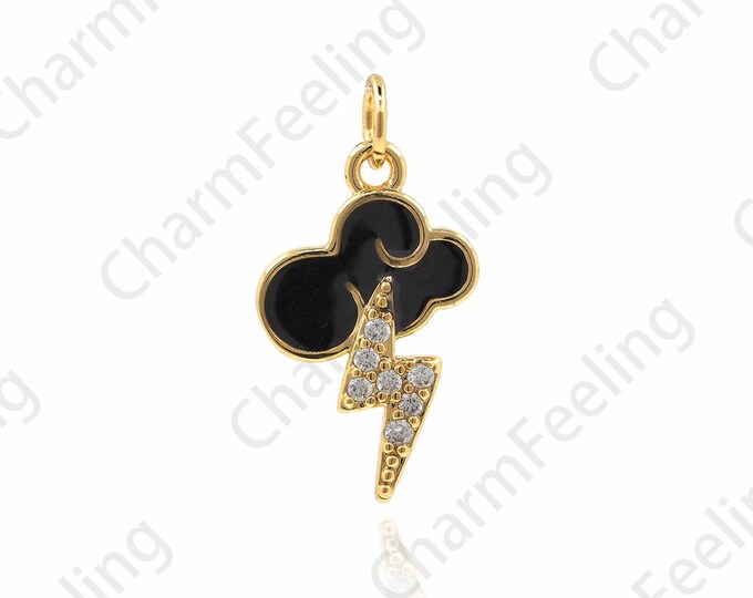 18K Gold Filled Enamel Lightning Necklace,Dark Cloud Pendant, Weather Charm, Micropavé CZ Rain And Thunder Jewelry, 22x12x2mm