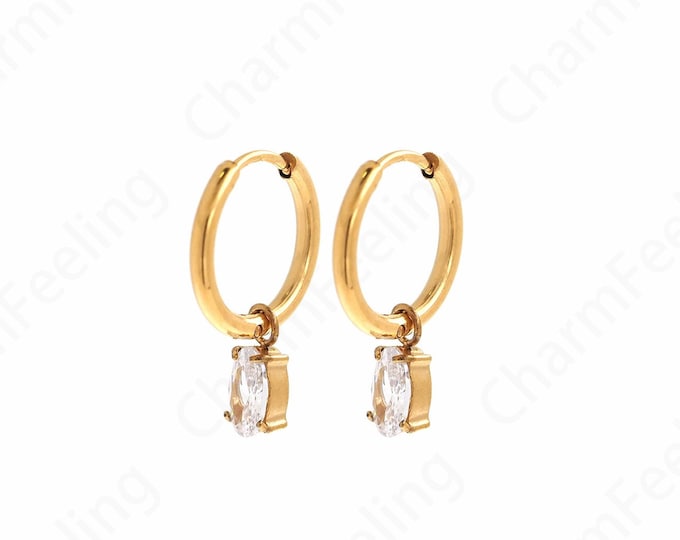 18K Gold Filled Simple Earrings, Micropavé CZ Rectangle Earrings,Square Earrings,Stainless steel Earrings, Gifts for Her,13.5x1.5mm
