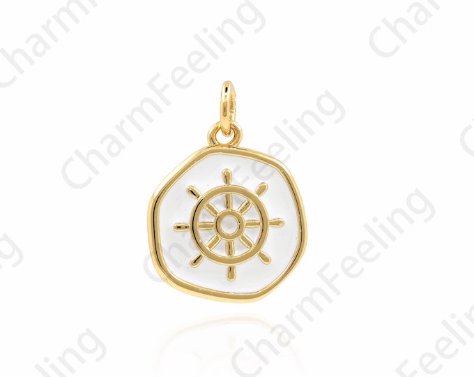 18K Gold Filled Rudder Pendant, Round White Enamel Pendant, Rudder Charm, Nautical Charm, Boat Pendant, 19.5x14.5x2.5mm
