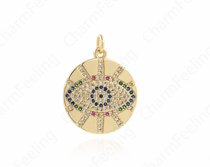 18K Gold Filled Eye Pendant,Micropavé CZ Eye Coin Necklace,Dainty Eye Charm,DIY Jewelry Making Accessories 25.5x19.5x3mm