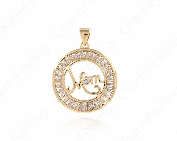 Micropavé CZ Mam Necklace, Round Pendant, 18K Gold Filled Mother's Day Charm, Word Necklace, DIY Jewelry Supplies, 30x23x4mm