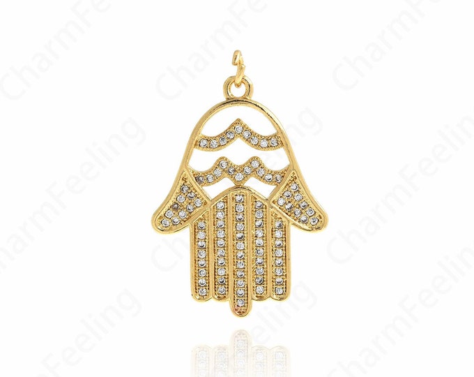 Micropavé CZ Hamsa Necklace, 18K Gold Filled Hand-Eye Necklace,  Hamsa Pendant, Eye Pendant,DIY Jewelry Accessories,29.5x21x1.7mm