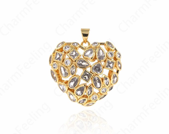 18K Gold Filled Love Charm,Love Necklace, Heart Charm, Micropavé CZ Heart Pendant, Gift for Her, DIY Jewelry Accessories,30.6x28.5x7.5mm