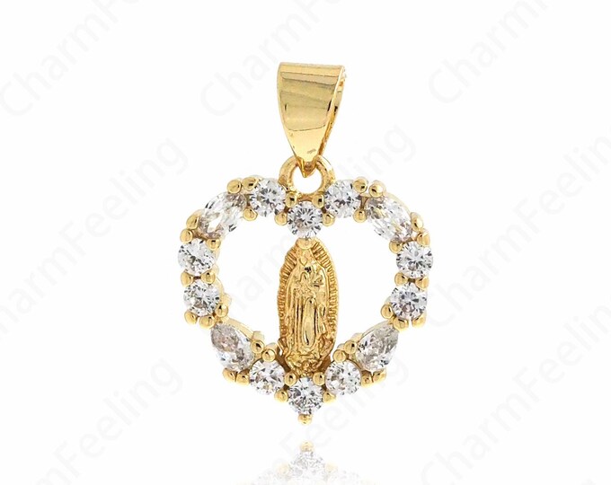 Virgin Mary Charm, 18K Gold Filled Heart Maria Necklace, Micropavé CZ Catholic Necklace, DIY Jewelry Accessories,19x14x2.6mm