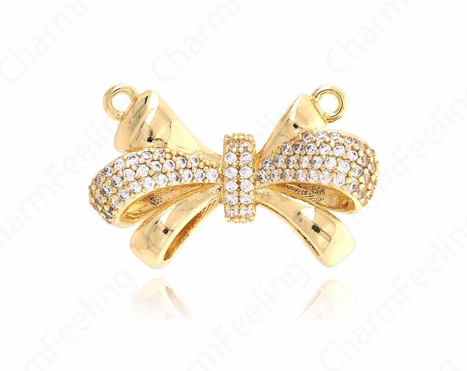 Gold Bow Necklace, Bow Pendant, Micropavé CZ Knot Charm, 18K Gold Filled Bow Charm, DIY Jewelry Supplies, 18.5x27.8x6.7mm