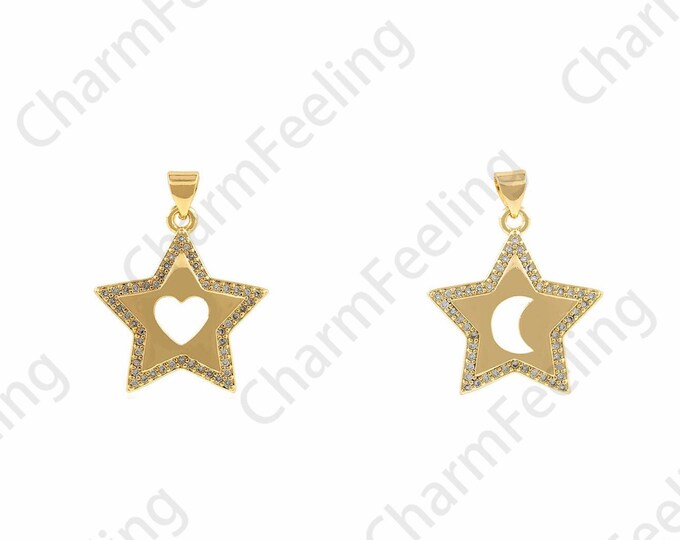 Five-Pointed Star Pendant,Moon Necklace,Heart-Shaped Charm,18K Gold Filled Love Pendant,Polaris Charm,DIY Jewelry Accessories,22.5x28.5x3mm