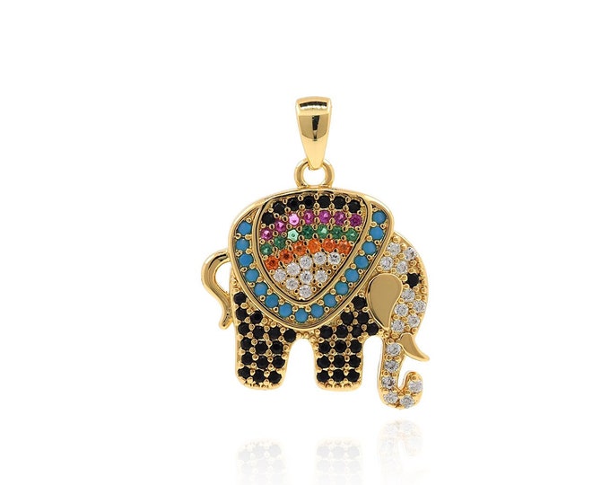 Micropavé CZ Elephant Pendant,Elephant Charm, 18K Gold Filled Elephant Necklace, Elephant Pendant, Enamel Charm,23x18x3mm