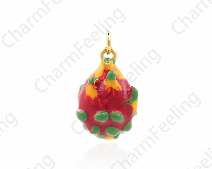 Dragon Fruit Pendant, 18K Gold Filled Enamel Fruit Pendant, Fruit Charm, Enamel Charm, Dragon Fruit Charm, Dragon Fruit Necklace, 17x10x10mm