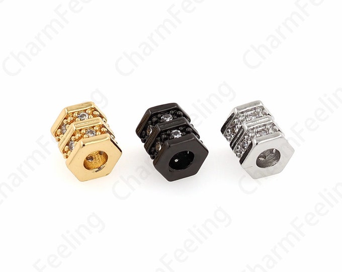 18K Gold Filled Cylinder spacer Beads,Micropave CZ  Large Hole bead,Cubic Zirconia Gold Spacer Beads DIY Jewelry Supplies,7.5x6.5mm