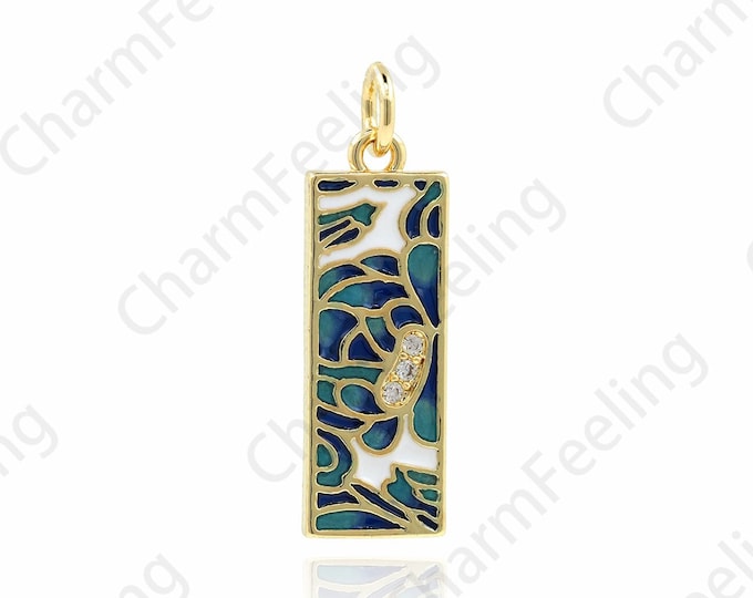 18K Gold Filled Enamel Art Pendant, Artistic Charm, Micropave CZ Blue Enamel Necklace, Enamel Charm, Rectangular Pendant, 25x7.5x1.5mm