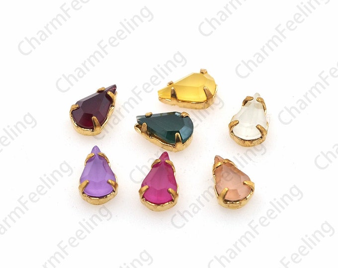 10pcs, Drop-Shaped Crystal, Stitched Glass Crystal, Stitched To The Crystal, Flat Back Crystal Rhinestones With Gold Claws 5x8mm