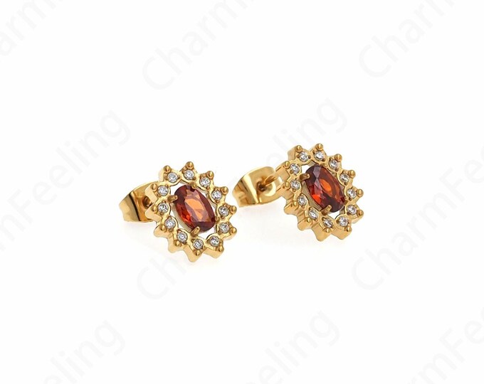 Stainless Steel Earrings,Flower Stud Earrings, 18K Gold Filled Oval Earrings,Micro pavé CZ Plant Earrings, Gift for Her,12x10x2.5mm