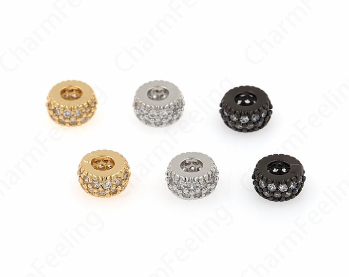 18K Gold Filled Round Beads,Micropave CZ  Cylinder spacer Beads,Large Hole bead,Cubic Zirconia Gold Spacer Beads,8x4.2mm