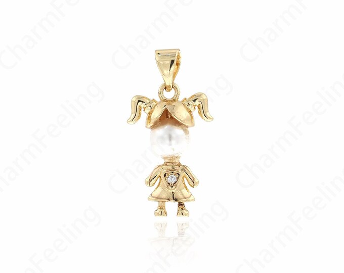 18K Gold Filled Girl Necklace, Micropavé CZ Kids Charm,Pearl Girl Charm, Girl Pendant, DIY Jewelry Supplies, 24.5x12.5x6mm