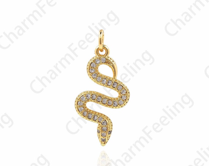 Golden Snake Pendant, Micro-Pave Snake Necklace, Animal Jewelry, Snake Charm, CZ Snake Pendant, Snake Charm 26×12×2.4mm   1pcs