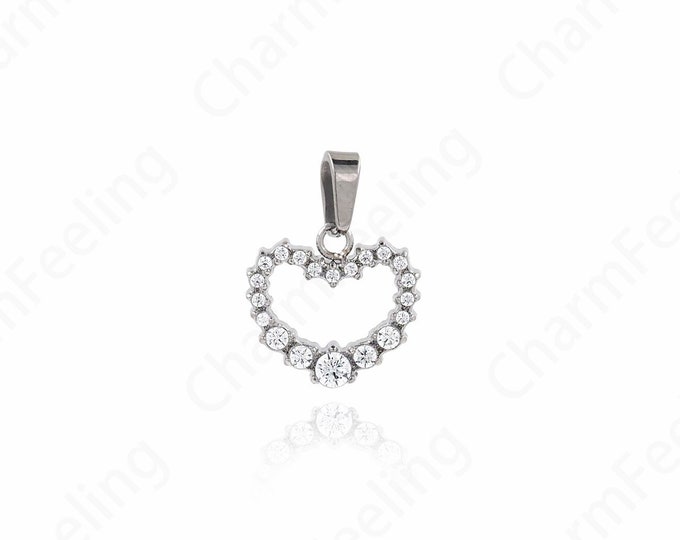 Stainless Steel Heart Pendant,  Silver Filled Heart Charm,Love Charm,Micropavé CZ Heart Necklace, DIY Jewelry Supplies, 16x11.5x2.5mm