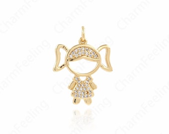 Micropavé CZ Kids Charm, Girl Charm, Girl Pendant, 18K Gold Filled Girl Necklace, DIY Jewelry Supplies, 24x19x2.5mm