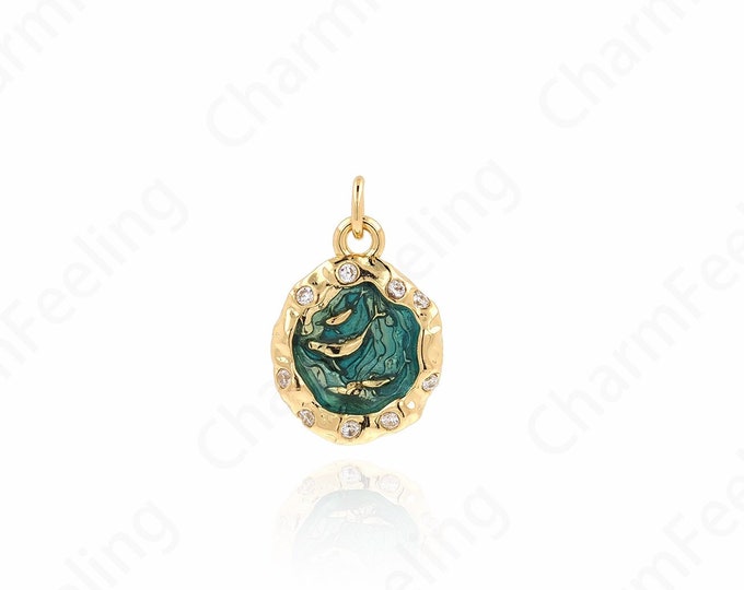 Micropavé CZ Marine Life Jewelry, Round Fish Necklace, Tropical Fish Pendant, 18K Gold Filled Tropical Fish Pendant, Fish Jewelry, 16x11x3mm
