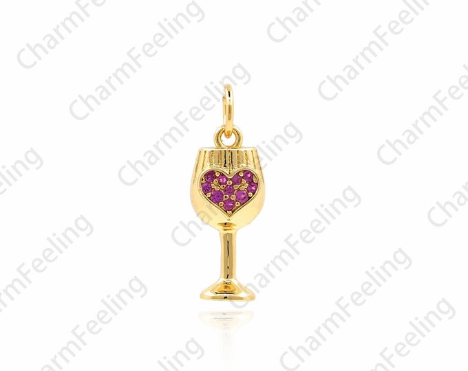 18K Gold Filled Red Wine Glass Pendant, Wine Glass Necklace, Cup Pendant, Micropavé CZ Wine Glass Charm, DIY Jewelry Accessories, 19x7x3mm