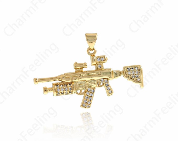 Vermeil Style Sniper Rifle Charm 18K Gold Filled Gun Charm,Micropavé CZ Gun Pendant, Weapon Charm,DIY Jewelry Supplies,37.2x24x2.5mm