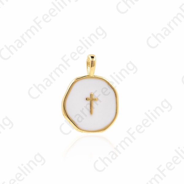 18K Gold Filled Round Pendant, Enamel Cross Pendant, Cross Charm, Religious Pendant, Religious Charm, 18x13.5x1.5mm