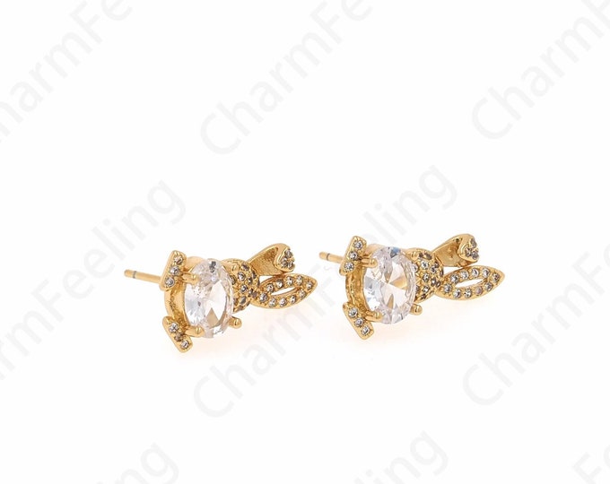Animal Earrings, 18K Gold Filled Cute Earrings, Rabbit Stud Earrings, Micropavé CZ Rabbit Charm, DIY Jewelry Supplies, 9.5x17x4mm