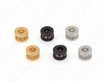 10 pcs 18K Gold Filled Round Beads,Micropave CZ  Cylinder spacer Beads,Large Hole bead,Cubic Zirconia Gold Spacer Beads,6x4mm