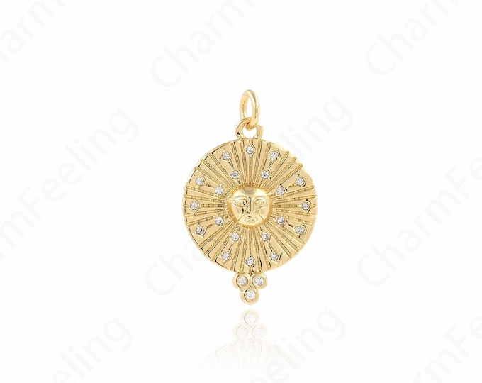 Round Sun Necklace, Sun Pendant, 18K Gold Filled Face Sun Charm, Micropavé CZ Round Charm, DIY Jewelry Supplies, 25x16.8x3.2mm