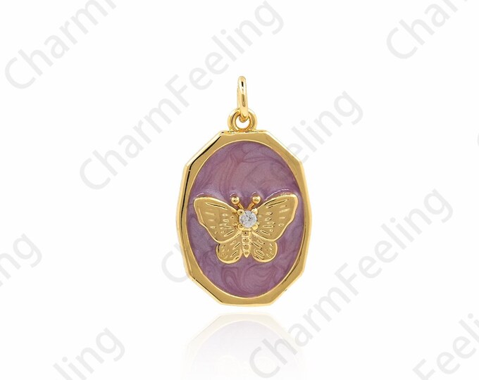 18K Gold Filled Butterfly Pendant, Oval Enamel Butterfly Necklace, Enamel Charm, Micro-pave CZ Butterfly Charm, Insect Charm, 20x12x2mm