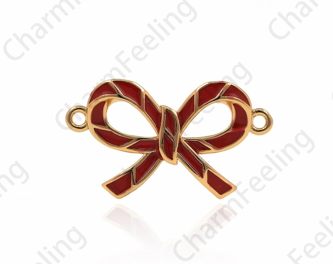18K Gold Filled Bow Connector, Bow Charm, Red Bow Bracelet Accessory 12x21x2mm