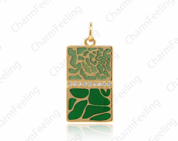 18K Gold Filled Enamel Pendant, Micropavé CZ Green Enamel Necklace, Enamel Pendant, DIY Jewelry Accessories, 25x12x1.5mm