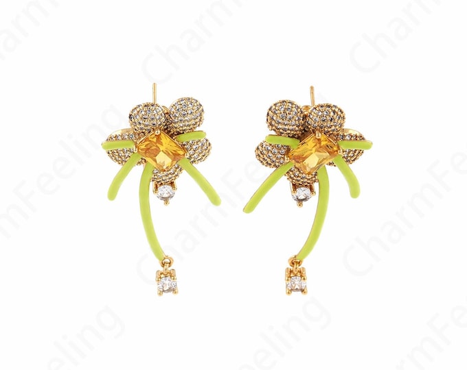 18K Gold Filled Long Earrings,Flower Earrings,Boho Earrings,Micropavé CZ Fringe Earrings,Enamel Earrings,DIY Jewelry Supplies,18.5x48.6x27mm